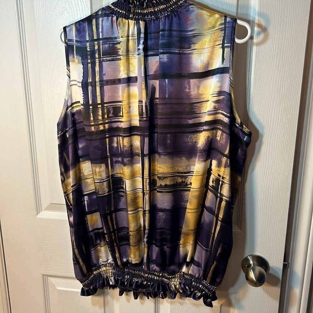 Laura Plus Size 22 Purple Gold Plaid Sleeveless Satin Blouse - Picture 5 of 5